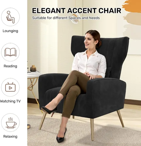 Miniatura 6 de Nebuaegis Silla decorativa de terciopelo con respaldo alado para sala de estar, sillón de respaldo alto con patas doradas, almohada lumbar, sofá