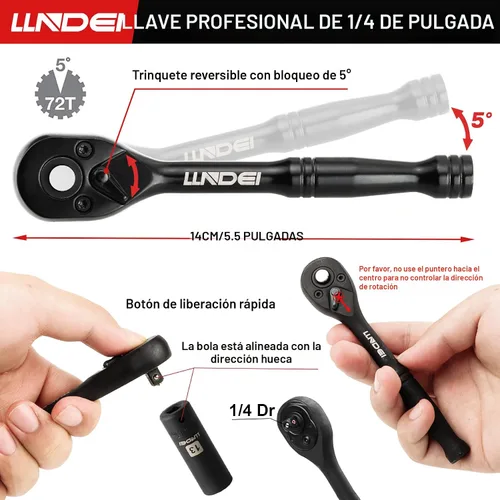 Miniatura 3 de LLNDEI Juego de llaves de impacto de trinquete de 1/4 pulgada de 83 piezas, llave de trinquete de 72T, juego de herramientas mecánicas CR-V
