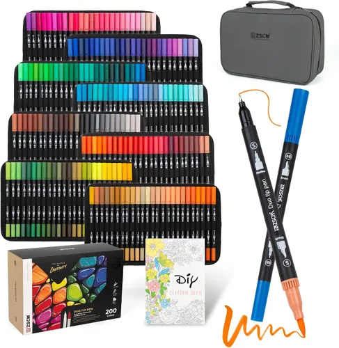 ZSCM Marcadores de 200 colores para adultos, sin sangrado, bolígrafos artísticos de doble punta, marcador de colorear fino y pincel para caligrafía