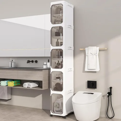 Miniatura 8 de Armario de almacenamiento de baño delgado de 2 niveles, gabinetes de almacenamiento plegables, almacenamiento de baño estrecho, organizador
