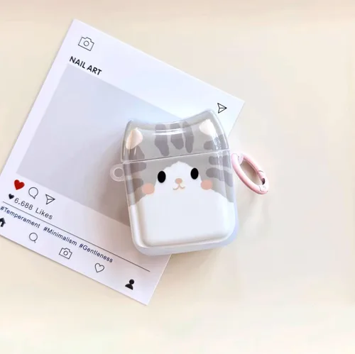Miniatura 4 de Funda para auriculares de gato gris sonriente para AirPods 1/2, bonita y encantadora cara de gato feliz, funda de silicona TPU suave, funda