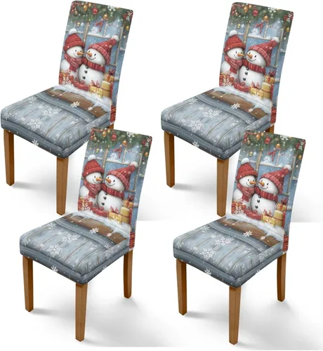 Miniatura 18 de Rnyleeg Fundas de silla de Navidad para sala de estar, diseño de muñeco de nieve azul, estampado de pájaros, fundas para sillas de comedor, 1