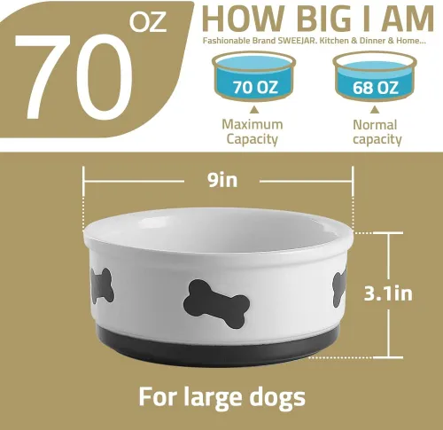 Miniatura 6 de Sweejar Cuencos de cerámica para perros con patrón de huesos, plato de comida para perros grandes, cuenco de porcelana para agua de 70 onzas Marrón