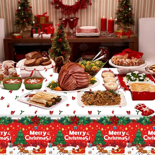 Miniatura 2 de Paquete de 4 manteles de Navidad para fiesta de Navidad, decoración de fiesta de Navidad, cubierta de mesa de Navidad con árbol de Navidad y copo