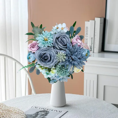 Miniatura 7 de AmyHomie - Juego de flores artificiales azules, mezcla de seda, peonía, rosa, hortensia, flores falsas con tallo para bricolaje, ramos de boda