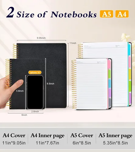 Miniatura 6 de Cuaderno de 5 asignaturas con reglas universitarias y divisores de bolsillos removibles con pestañas, 240 páginas, cuaderno en espiral de 21.59 x