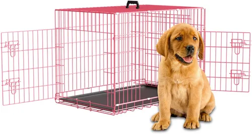 Miniatura 20 de Dopinmin Jaula grande para perros de 42 pulgadas, jaula de doble puerta para mascotas, jaula plegable de alambre de metal con panel divisor, bandeja