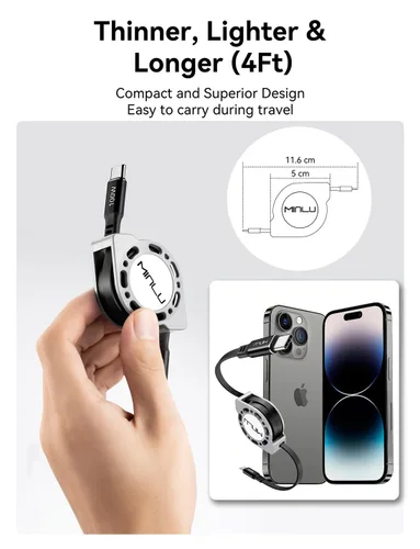 Miniatura 5 de Cable retráctil USB C a USB C (1.2 m, 2 unidades), cable de carga rápida USBC 5A de 100W, cable de carga tipo C para iPhone 17 16 15 Pro Plus Pro