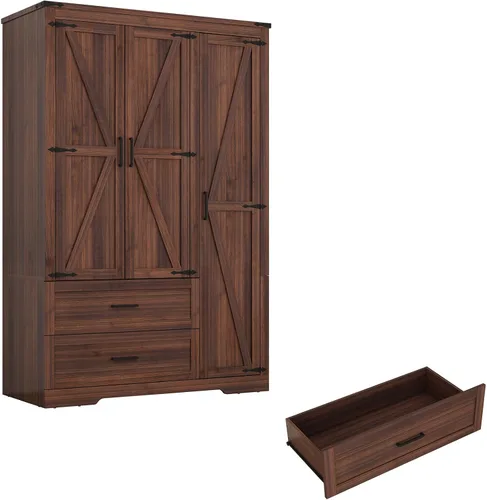 Miniatura 8 de Hlivelood Armario de 3 puertas con puertas y cajones, armario de madera de granja con estantes y barra para colgar para dormitorio, color marrón