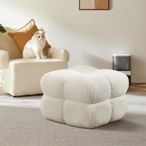 Miniatura 9 de Taburete otomano cuadrado, mesa de centro otomana Boucle con cobertura completa, taburete de tocador moderno, puf tapizado con reposapiés para Blanco
