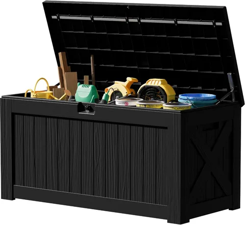 Miniatura 13 de JUMMICO Caja de resina de 31 galones, cajas de almacenamiento impermeables para interiores y exteriores para muebles de patio, cojines y Negro
