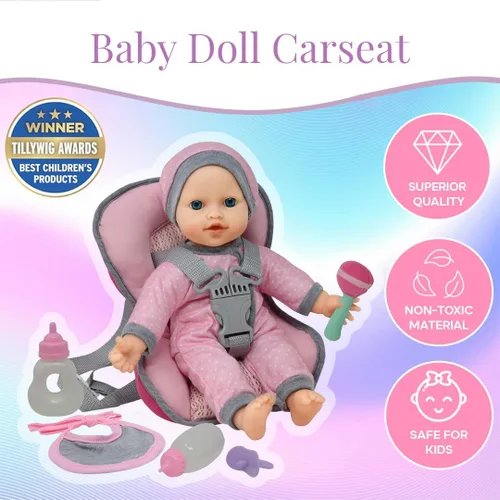 Miniatura 4 de Juego de viaje – Mochila portadora de asiento de coche para muñeca bebé con muñeca de cuerpo suave de 12 pulgadas, botellas y accesorios de juguete