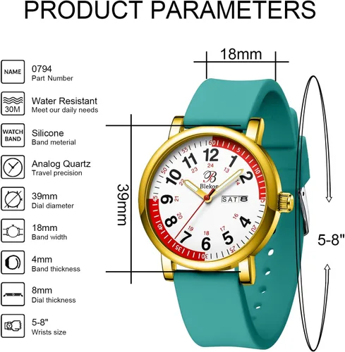 Miniatura 2 de Blekon Pulsometer Nurse Watch with Secondhand – Scrub Matching Band Colors for Medical Professionals – Super Easy to Read Dial w/Day and Date