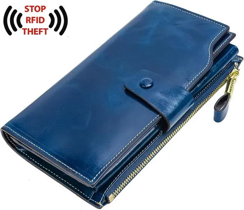 Miniatura 2 de YALUXE Cartera de piel auténtica para mujer, con bloqueo RFID, tarjetero múltiple con bolsillo para teléfono celular