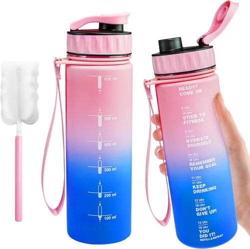 Botella de agua grande con marcador de tiempo motivacional, jarra de agua con asa, botella deportiva transparente para gimnasio, campamento, 22oz