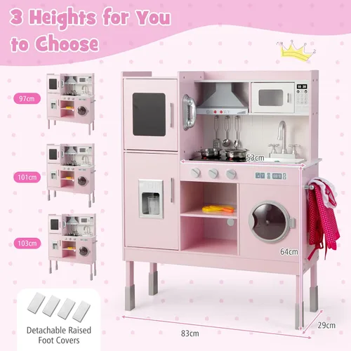 Miniatura 9 de HONEY JOY Juego de cocina para niños, cocina de madera para niños pequeños, microondas, utensilios de cocina, lavadora, campana extractora, pizarra