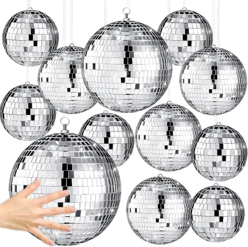 Libima Paquete de 12 Bolas de Discoteca Grandes de Navidad Decoración de Diferentes Tamaños Espejo Plateado Colgantes Adornos de Bola de Discoteca