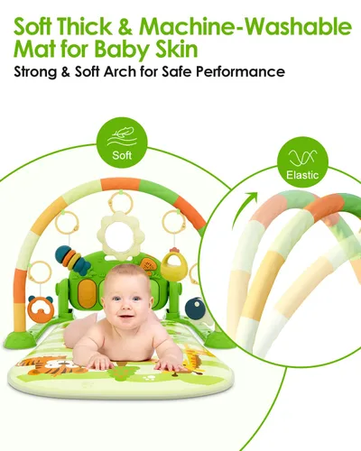 Miniatura 5 de dearlomum Alfombra de Juego para Bebés, Divertido Piano de Juego para Tiempo de Barriga con 5 Juguetes Sensoriales para Bebés, Música y Luces, Verde