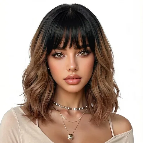 eNilecor Peluca de color negro a marrón para mujer, peluca de pelo corto ondulado rizado con flequillo, 14 pulgadas, disfraz de fiesta sintético