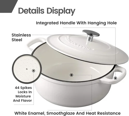 Miniatura 4 de EDGING CASTING - Hornos holandeses de hierro fundido esmaltado cubiertos de 5.5 cuartos de galón con asa doble para hornear pan, color blanco