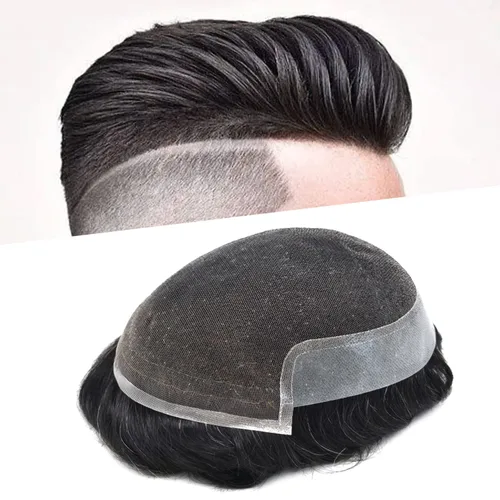 Miniatura 162 de Sistema de repuesto de cabello humano europeo con encaje frontal suizo para hombre, tupé para hombre, pieza de cabello, nudo blanqueado, línea #17