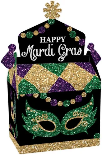 Big Dot of Happiness Mardi Gras – Caja de golosinas para fiestas – Cajas de regalo para fiesta de máscaras, cajas de golosinas – Juego de 12