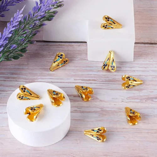 Miniatura 5 de Pandahall - 10 tapas de cuentas de aleación esmaltadas de 4 pétalos, 0.709 x 0.472 in, espaciadores florales dorados, cuentas de cono sueltas