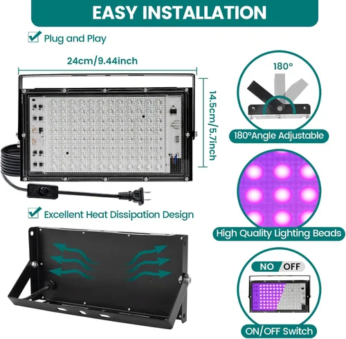 Miniatura 5 de Luces negras de 100 W para fiesta brillante, luz negra de alta potencia para interiores, luz de inundación de 395 nm, luz negra UV, reflector de luz