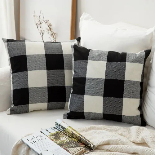 Miniatura 19 de MIULEE - Paquete de 2 fundas de almohada decorativas clásicas de Navidad de lino y poliéster a cuadros de granja, color negro sólido y rojo