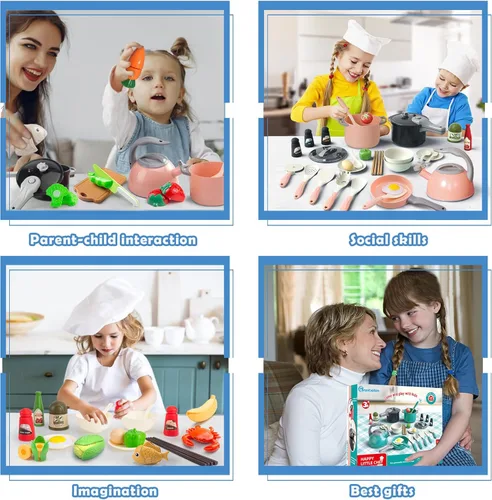 Miniatura 9 de Bruvoalon Juego de 67 piezas de juguetes de cocina para niños, juego de cocina de simulación para niños pequeños con ollas, sartenes, utensilios