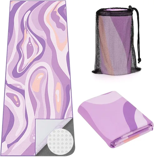 Toalla para tapete de yoga con grandes bolsillos en las esquinas, tapete de microfibra de agarre antideslizante para yoga caliente, pilates y Morado