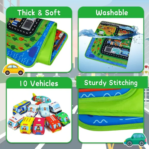 Miniatura 4 de Dr.Rapeti Juego de autos de juguete suave para bebés, niños pequeños, 1 tapete de juego de gran tamaño, 10 autos de juguete suave, 47 x 30 pulgadas