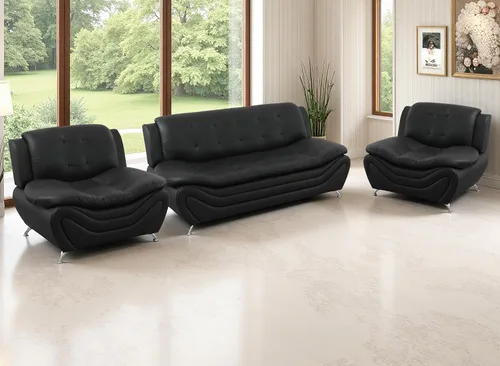 Miniatura 22 de Juego de sofá de cuero (3 piezas, cuero negro B), muebles de sala de estar para apartamento, material de estilo minimalista, fácil montaje B-cuero
