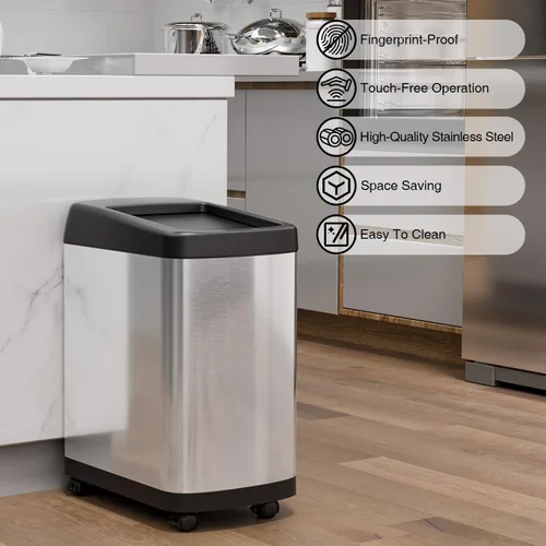 Miniatura 2 de ELLO&ALLO Bote de basura de cocina de 13 galones con tapa enrollable, sensor de movimiento automático sin contacto rectangular con ruedas, acabado