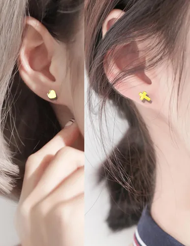 Miniatura 3 de Ofeiyaa Juego de 18 aretes de tuerca pequeños de acero inoxidable con forma de corazón, cruz geométrica, estrella, triángulo, luna, bola de disco