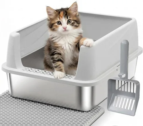 Caja de arena de acero inoxidable con lados altos, pequeña caja de arena de metal para gatitos y gatos pequeños, cajas de arena para gatitos de