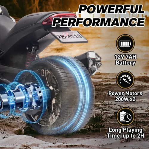 Miniatura 3 de Motocicleta eléctrica para niños de 12 V, rueda eléctrica de 3 ruedas, con luces LED, neumáticos EVA, velocidad alta y baja, bocina, música, negro