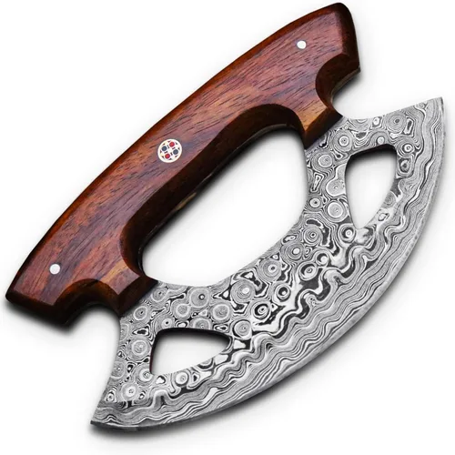 Miniatura 7 de Cuchillos - Alaska Ulu - Cuchillo Mezzaluna Ulu - Cortador de pizza Ulu - Ulu tradicional - Acero de Damasco hecho a mano - Mango estabilizado