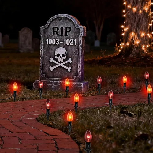 Miniatura 11 de Luces de Halloween para caminos al aire libre, 7 pies, luces de estaca de calabaza de Halloween con 4 bombillas LED C7 transparentes