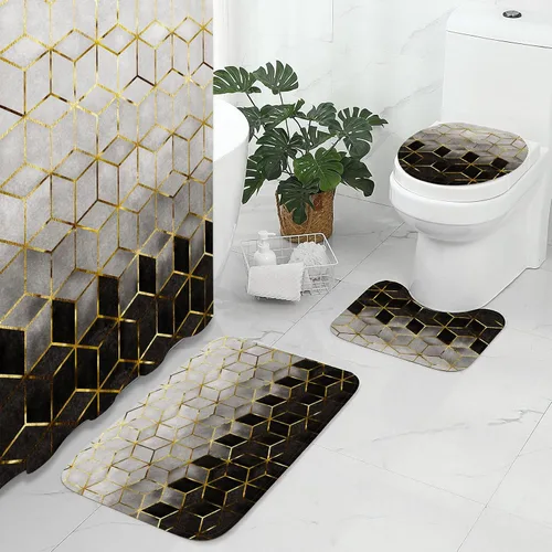 Miniatura 2 de Gibelle Juego de 4 cortinas de ducha de baño con alfombras antideslizantes, cubierta para tapa de inodoro y tapete de baño, líneas cúbicas doradas
