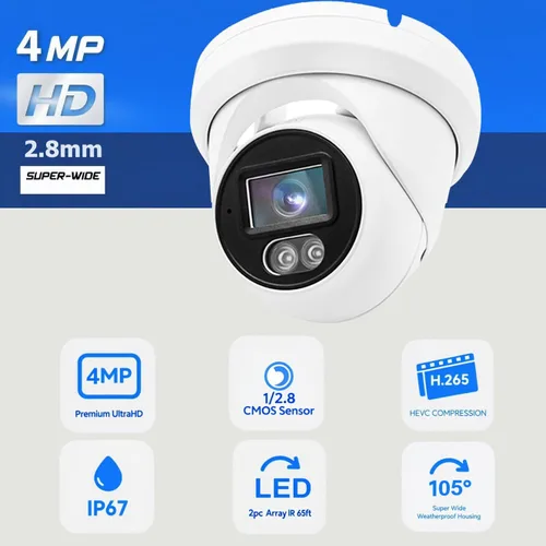 Miniatura 2 de Real HD Cámara domo de torreta IP PoE de visión nocturna a todo color de 4MP, gran angular de 0.110 in, H.265, cámara de seguridad CCTV al aire