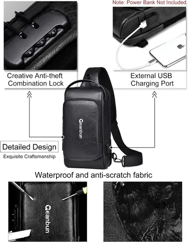 Miniatura 4 de Geanbun Bolso bandolera antirrobo para hombre, bandolera de piel sintética a la moda, mochila USB para el pecho para viajes