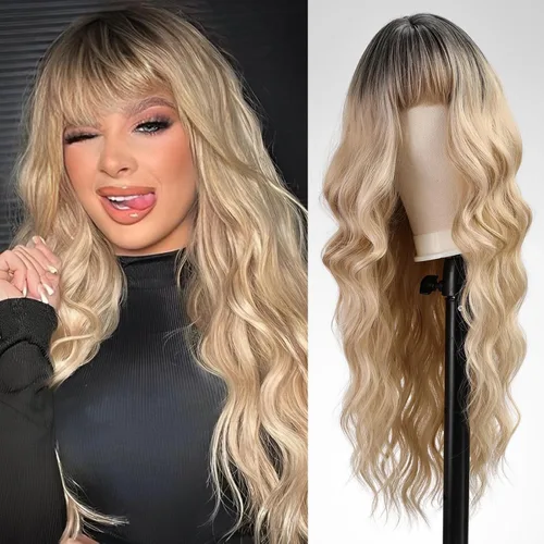 Miniatura 9 de Pelucas rubias cenizas para mujer, peluca larga recta en capas con flequillo, cabello sintético natural con raíces oscuras