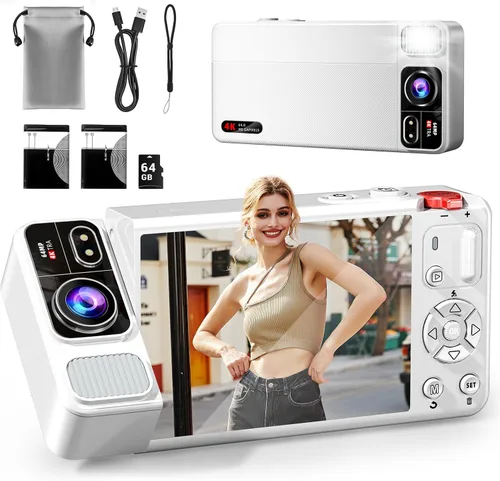 Cámara digital, cámaras 4K de 64 MP para fotografía, pantalla abatible de 270°, enfoque automático, flash, zoom 18X, 2 baterías, tarjeta de 64 GB,