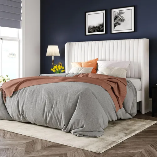 Miniatura 21 de Allewie - Base de cama tamaño King con cabecera acolchada en terciopelo y diseño acanalado vertical; plataforma de cama tapizada; listones de madera