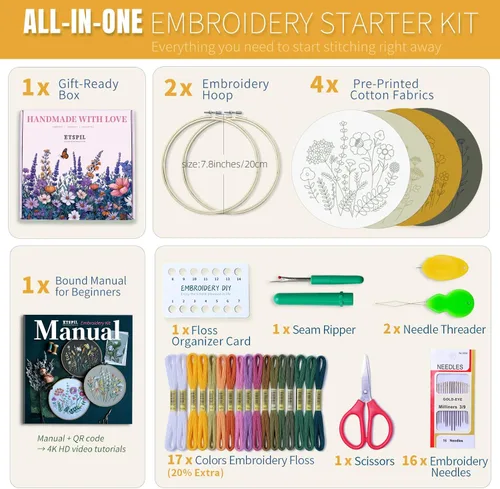 Miniatura 2 de ETSPIL Kit de bordado para adultos y adolescentes, paquete de 4 muestrarios florales, 2 aros ajustables, tela preimpresa, 17 hilos vibrantes, 16