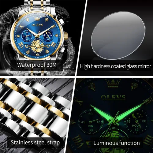 Miniatura 5 de OLEVS Watch Men Luxury Fashion Watches for Men Classic Large Face Stainless Steel Waterproof Mens Watches Analog Quartz Fancy Dress Date Moon Phase