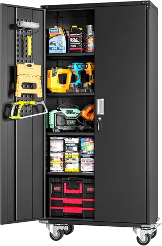 Miniatura 8 de Greenvelly Armario de almacenamiento de metal para garaje con puertas y estantes ajustables, gabinete de archivo de acero negro con cerradura de 72
