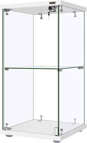VIVOHOME Gabinete de exhibición de vidrio de 2 capas con cerradura, 15.7" x 15.7" x 31.9" (ancho x profundidad x altura), vidrio templado, base de
