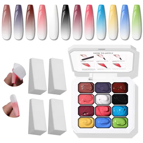 Miniatura 17 de Paleta de Esmalte de Uñas en Gel Sponge Pat, 12 Colores Mezcla Degradado Ombré Gel Polish Pintura Degradada Arte de Uñas, Sin Limpiar, Curado UV/LED